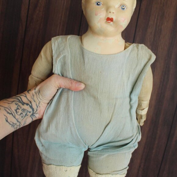Vintage 1920s 1930s Creepy Doll, Life Size Cloth Body, Composition Head Hands - Picture 10 of 10